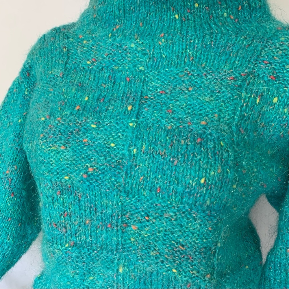 f u z z y :: Vintage Mohair Slouchy Turquoise Handmade Knit Sweater - Picture 12 of 14